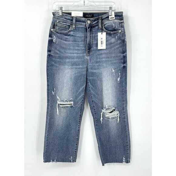 NEW JUDY BLUE CELESTE jeans high rise wide leg distressed crop blue denim 11/30 - Picture 2 of 8